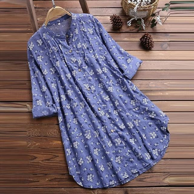 Long Cotton Top White Cotton Blouse Women's White Blue