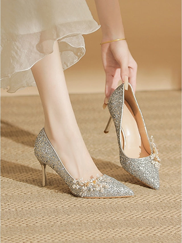 with Silver Heels Women's Stiletto Floral Glitter