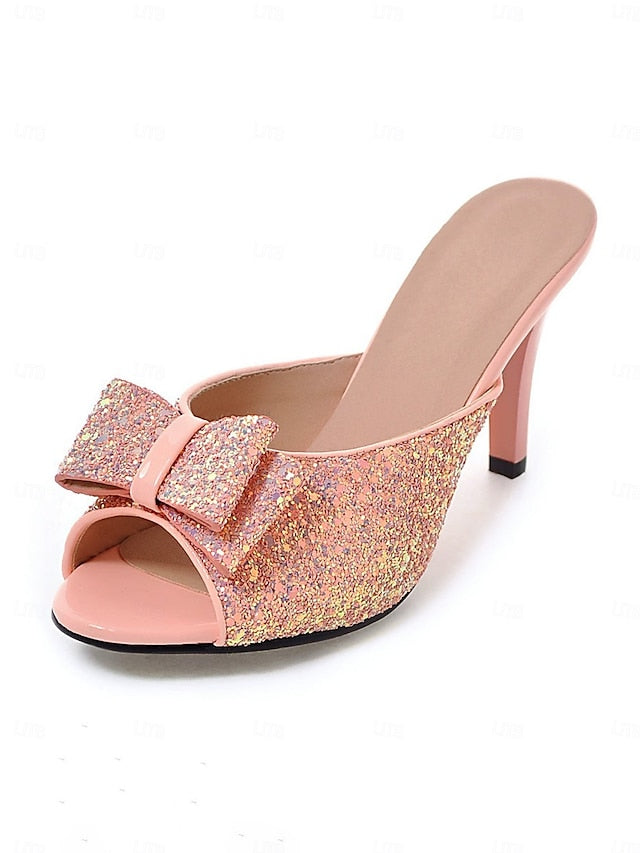 Gold Mules Bow – Women's Party Glamorous Stiletto Glitter