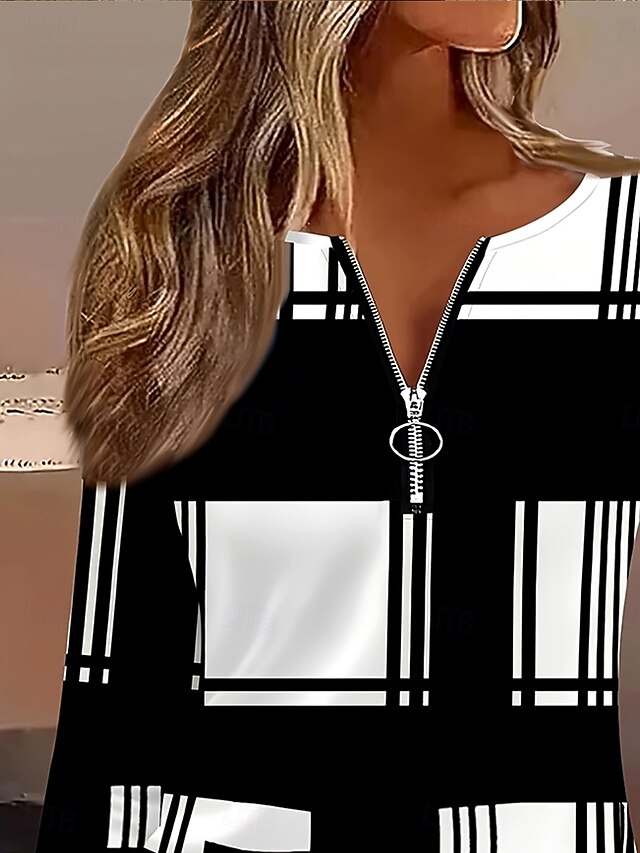 Women's T Shirt Zipper Print Graphic Geometric Plaid