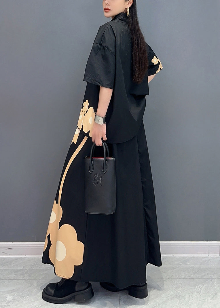 Ensemble deux pièces en coton imprimé col Peter Pan noir DIY été AO1009