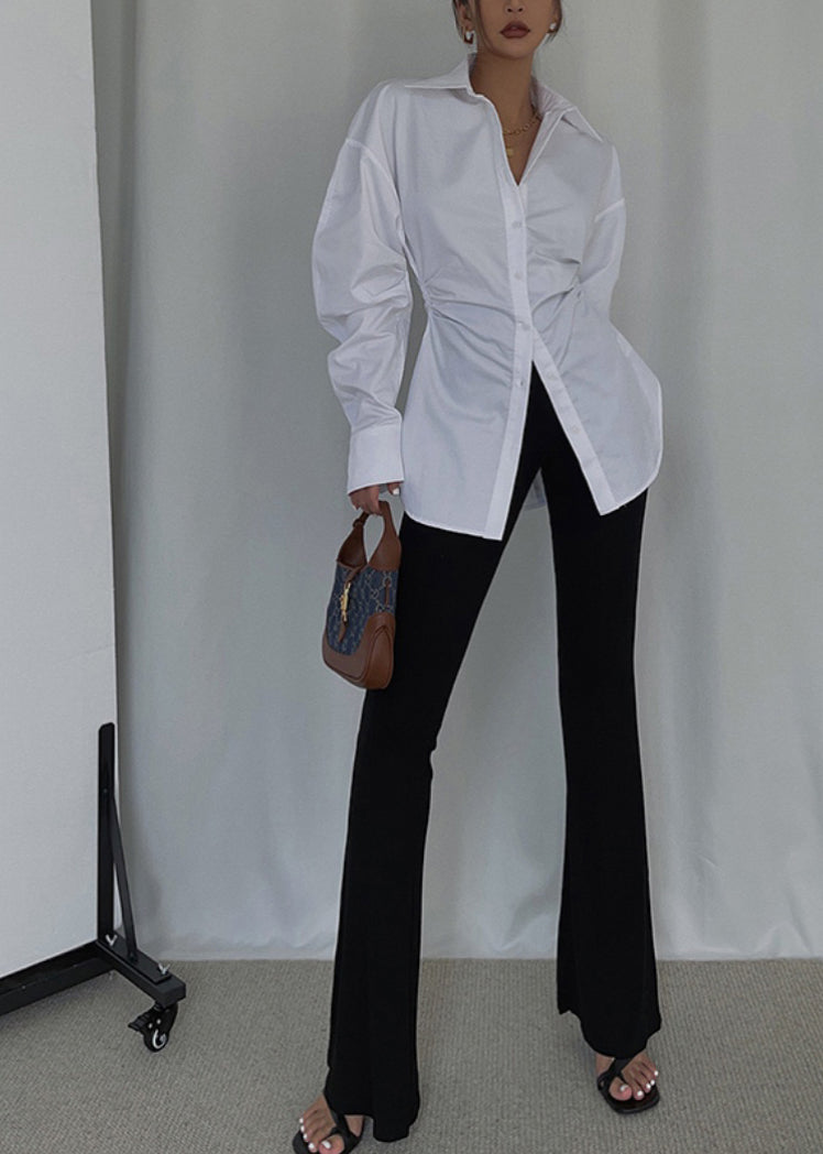 Spring Casual White Cotton Cinched Tops Blouse