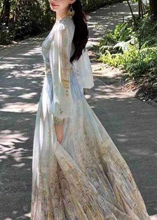 Blue Maxi Chiffon Dresses Stylish V Spring Waist High Neck Print