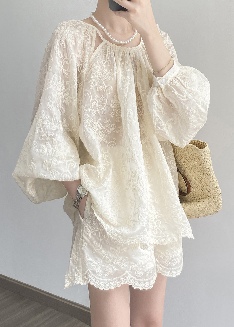 Art Shorts Piece Beige Spring And Two Set Cotton Tops Embroidered