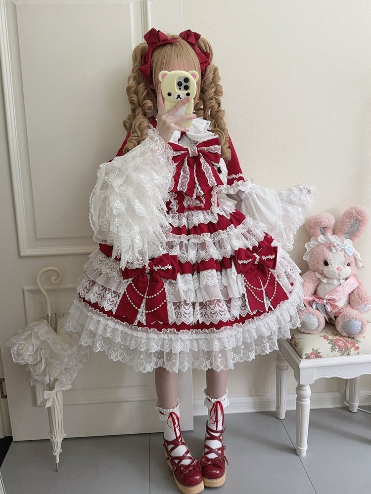 Lolita Red Bows Dress Tiered Skirt Decoration Big Hanayome