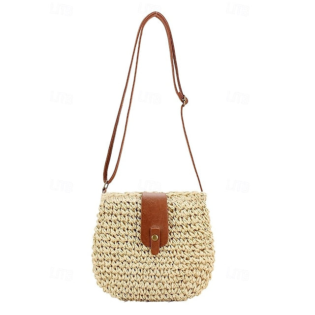 Women’s Bag Chic Leather - Strap Straw with Crossbody Woven