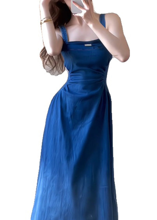 Fit Slim Dress Summer Spaghetti Denim Strap Blue Boutique