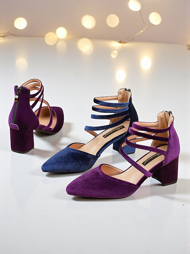 Pumps Block Blue Pointed Toe Heel Velvet with Women's