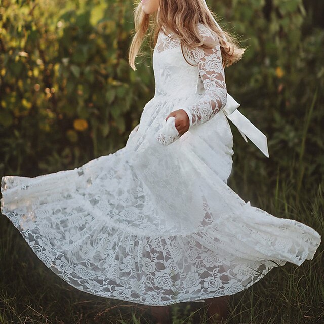 Long Girls' Colored Dress Girl Flower Solid Kids