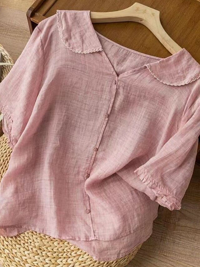 Women's Cotton Linen Shirts Solid Color Basic Casual Short