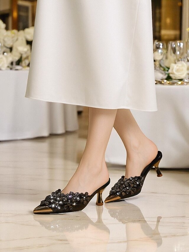 Pointed-Toe Mules – Black Embellished Women's Rhinestone