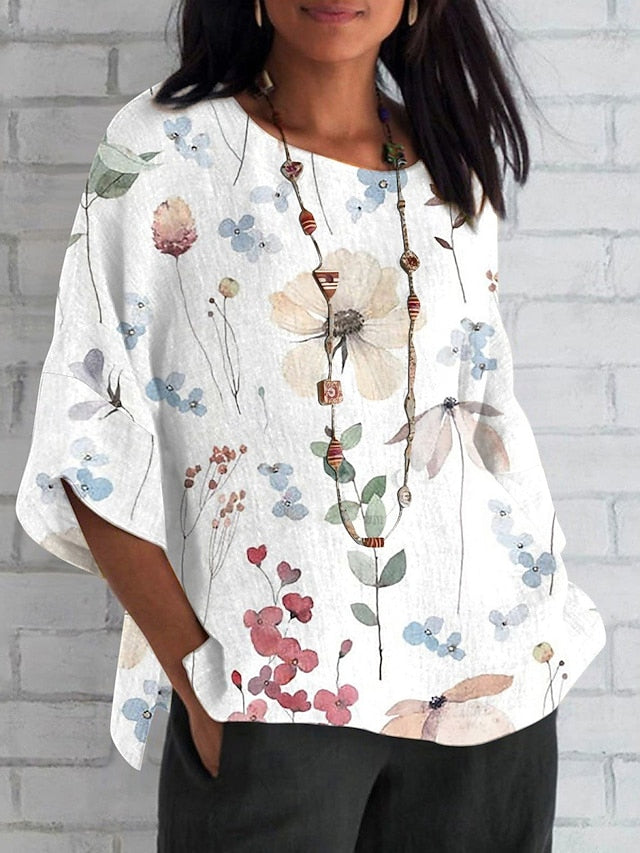 Women's Shirt Faux Cotton Linen Print Floral Daily Casual
