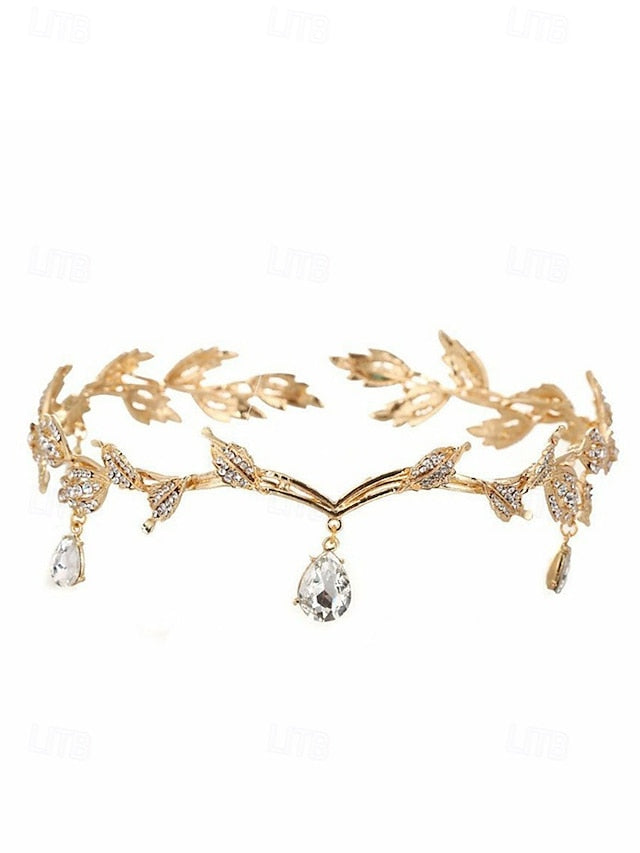 – Headpiece Leaf Blue Drops with Vintage Gold Gemstone