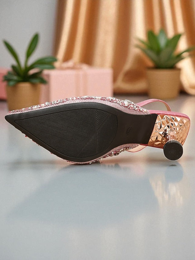 Rhinestone Toe Pink Women's - Slingback Party Heels Pointed