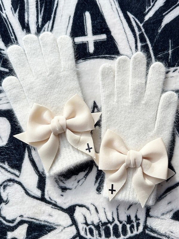 Pads Gothic Cross Bowknot Cutout at Finger Black Print White With Details Gloves