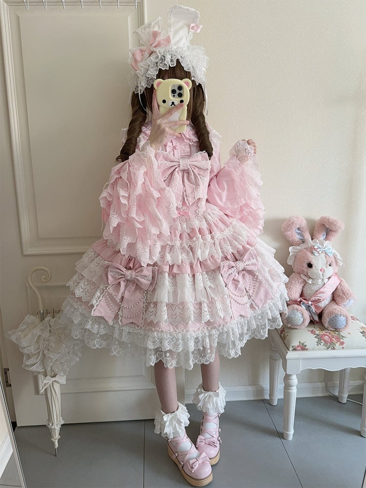 Big Lolita Bows Bead Decoration Skirt Chain Pink Hanayome Tiered Dress