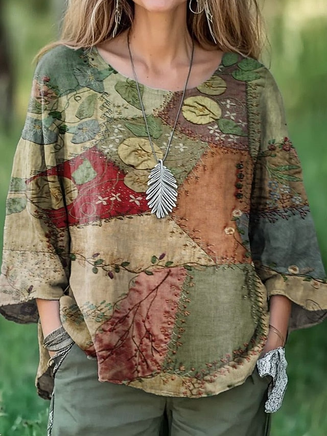 Women's Blouse Print Floral Ethnic Retro Vintage 3/4 Length