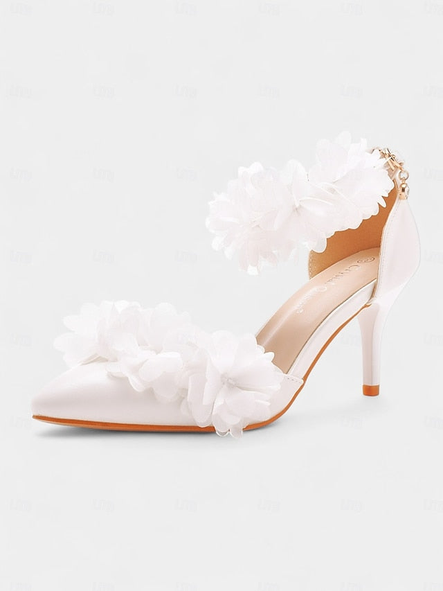 - Ankle Heels Elegant White Floral Strap Pointed Women's