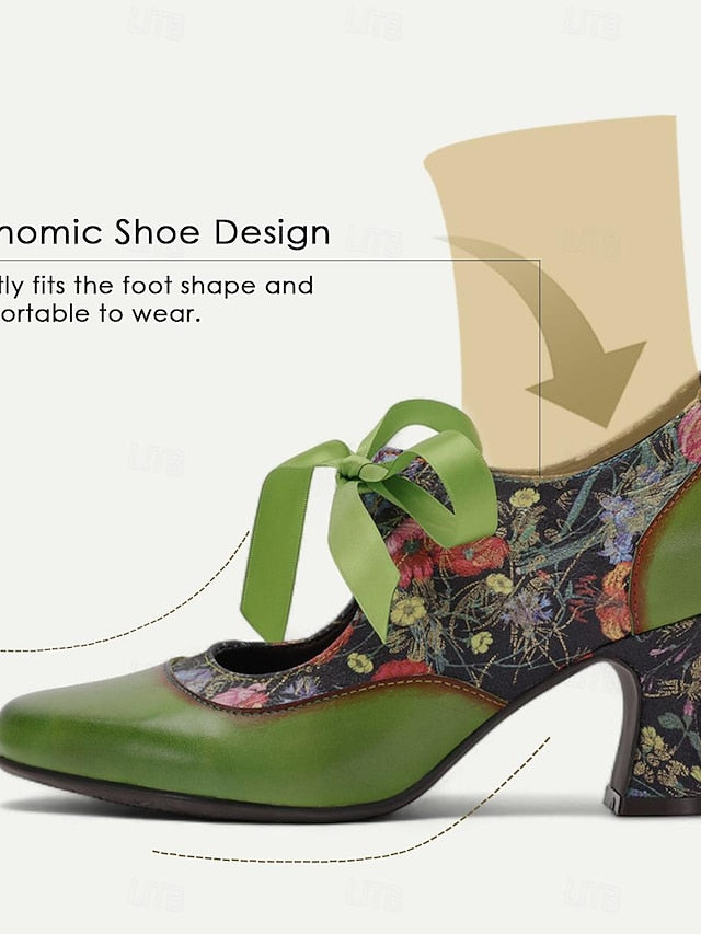 Mary Floral Heels Green Women's with Jane Leather Print