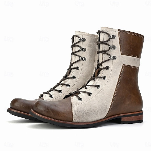 Mid-Calf Men's Leather Boots Faux Vintage Two-Tone Lace-Up