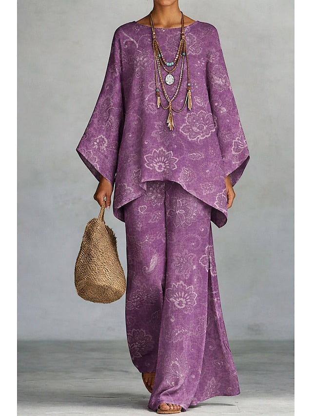 Women's Pants Sets Long Sleeve Round Neck Floral Graphic