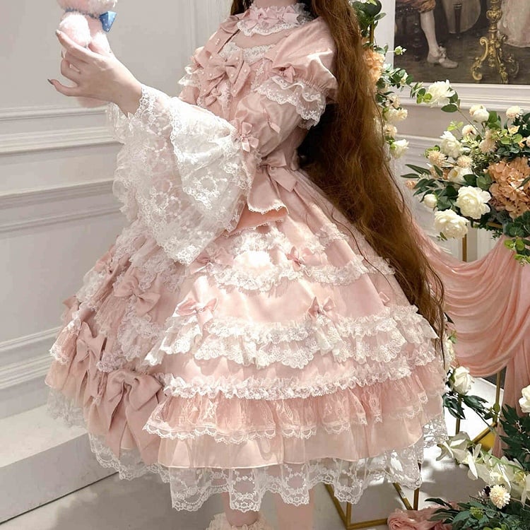 Waist Bow Princess Accents Sweet Sleeves Dress Lolita High Pink with Detachable