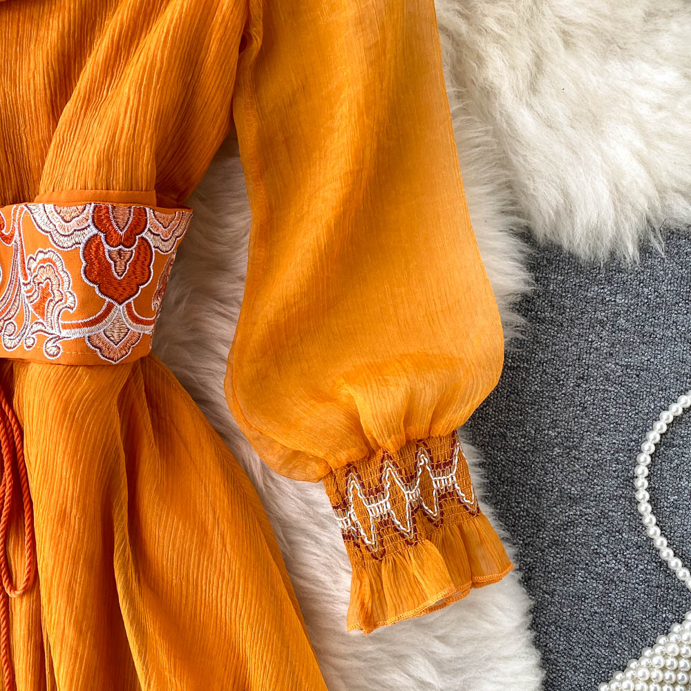 Retro Orange V Neck Splicing Embroidered Waistband Lantern Sleeve Dress