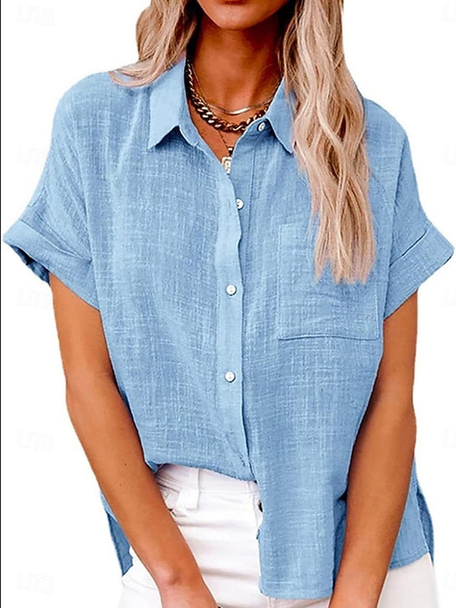 Women's Shirt Button Up Blouse Faux Cotton Linen Pocket