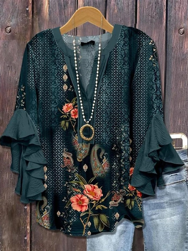 Women's Retro Blouse Layered Ruffle Sleeve Tops Vintage