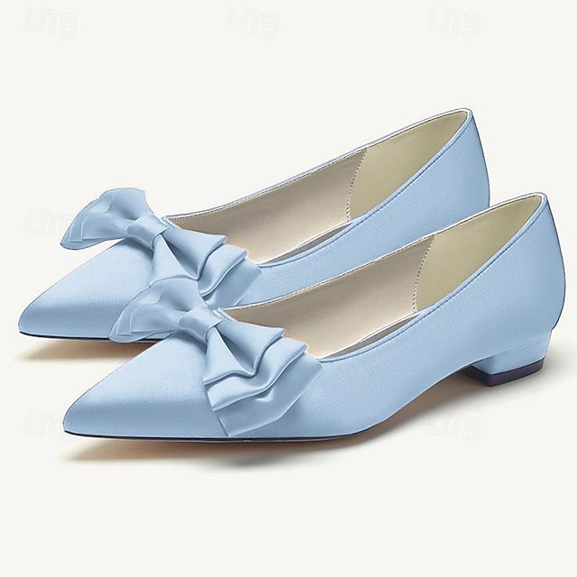 Low Party Women's Pointed Flats Heel Bowknot Shoes Wedding