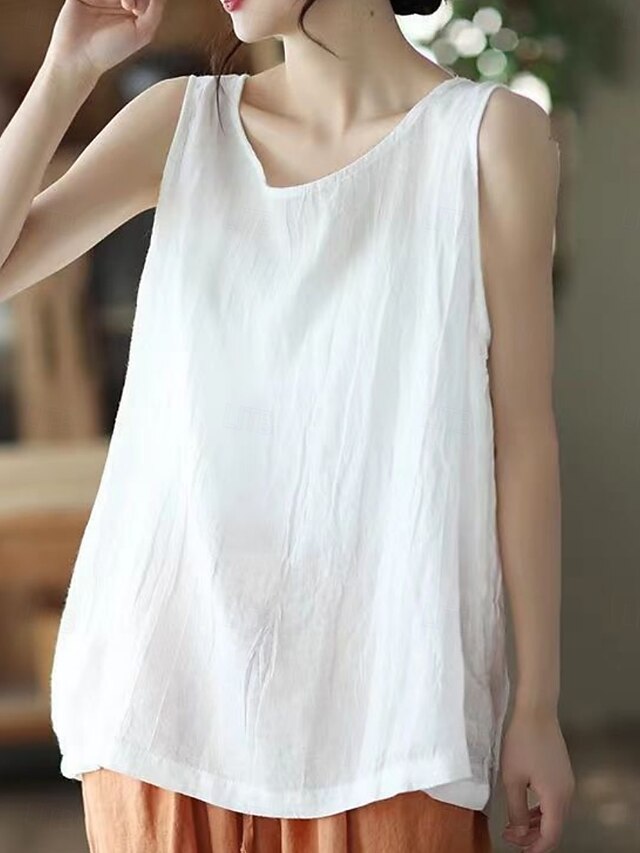 Women's Cotton Linen Shirts Camp Collar Shirt Solid Color