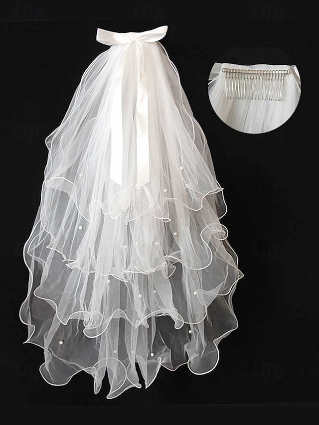 Elegant Satin - Bridal Ivory Ribbon Tulle Veil with and Soft