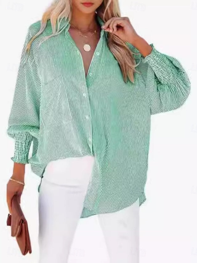 Women's Blouse Buttons Print Striped Stylish Casual Long