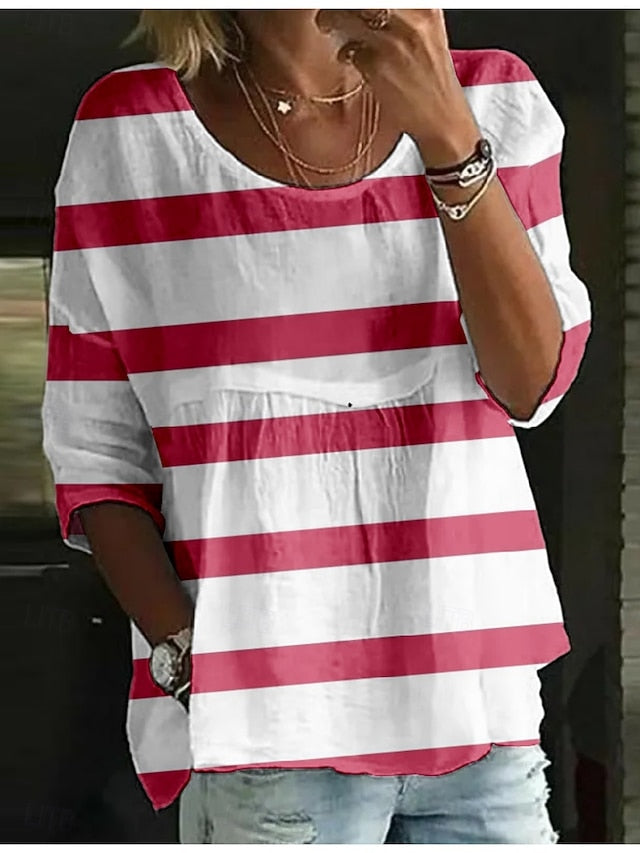 Women's Blouse Print Striped Stylish 3/4 Length Sleeve Crew
