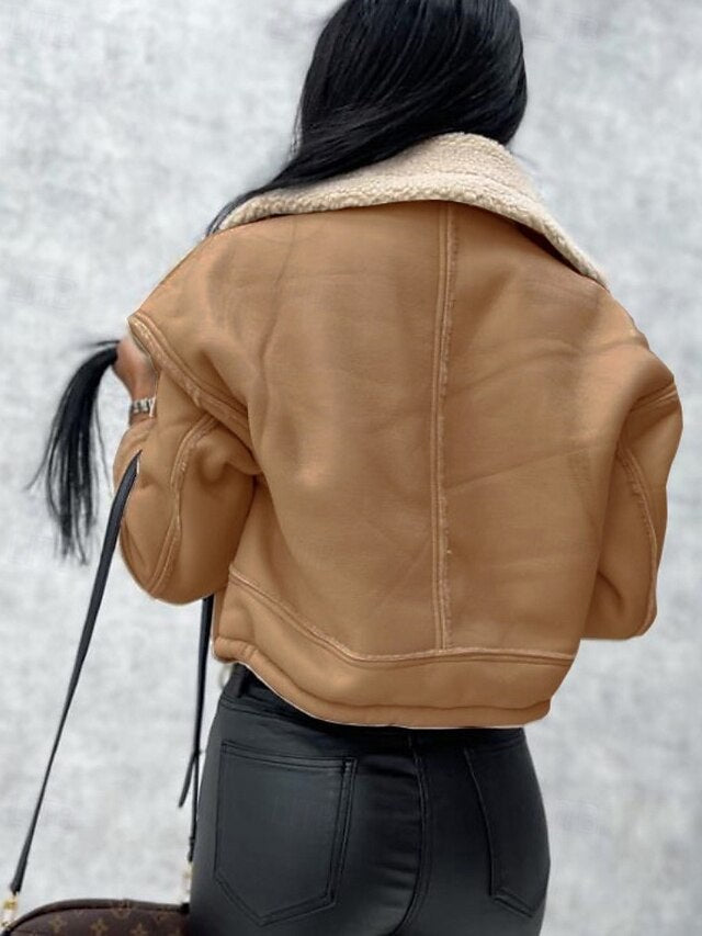 Jacket Faux Warm Women's Leather Pocket Comfortable Buttons