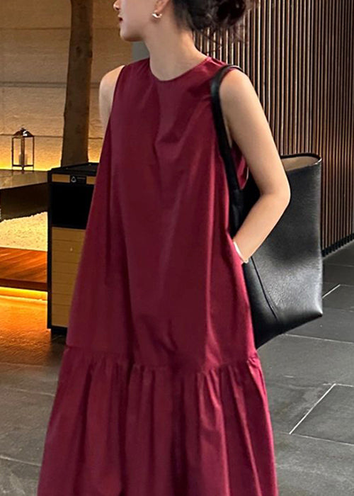 Dresses Wrinkled Solid Cotton Wine Long Pockets Simple Red