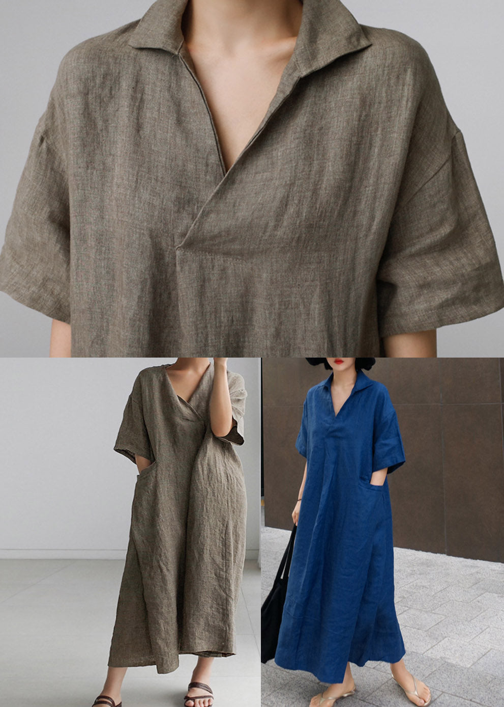 Open Short Side Wrinkled Sleeve Linen Blue Dress