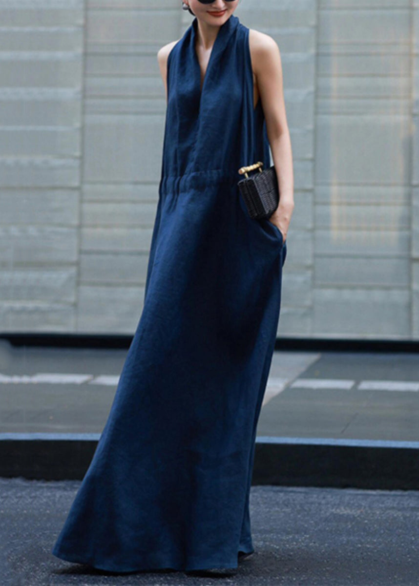 Linen Waist Tie Dresses Light Pockets Robe Solid New Blue