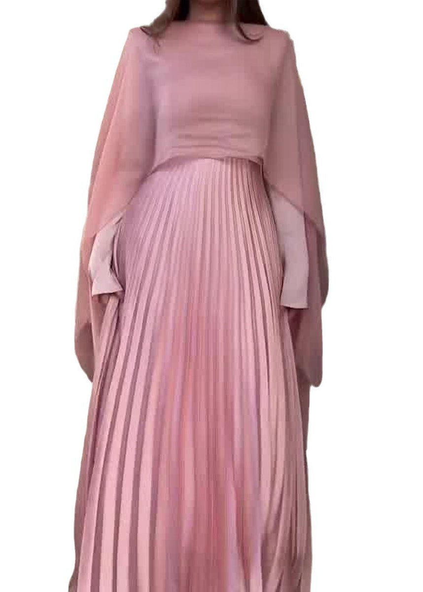 Set New Shawl Long Pink Pleated Autumn Sleeved Dress