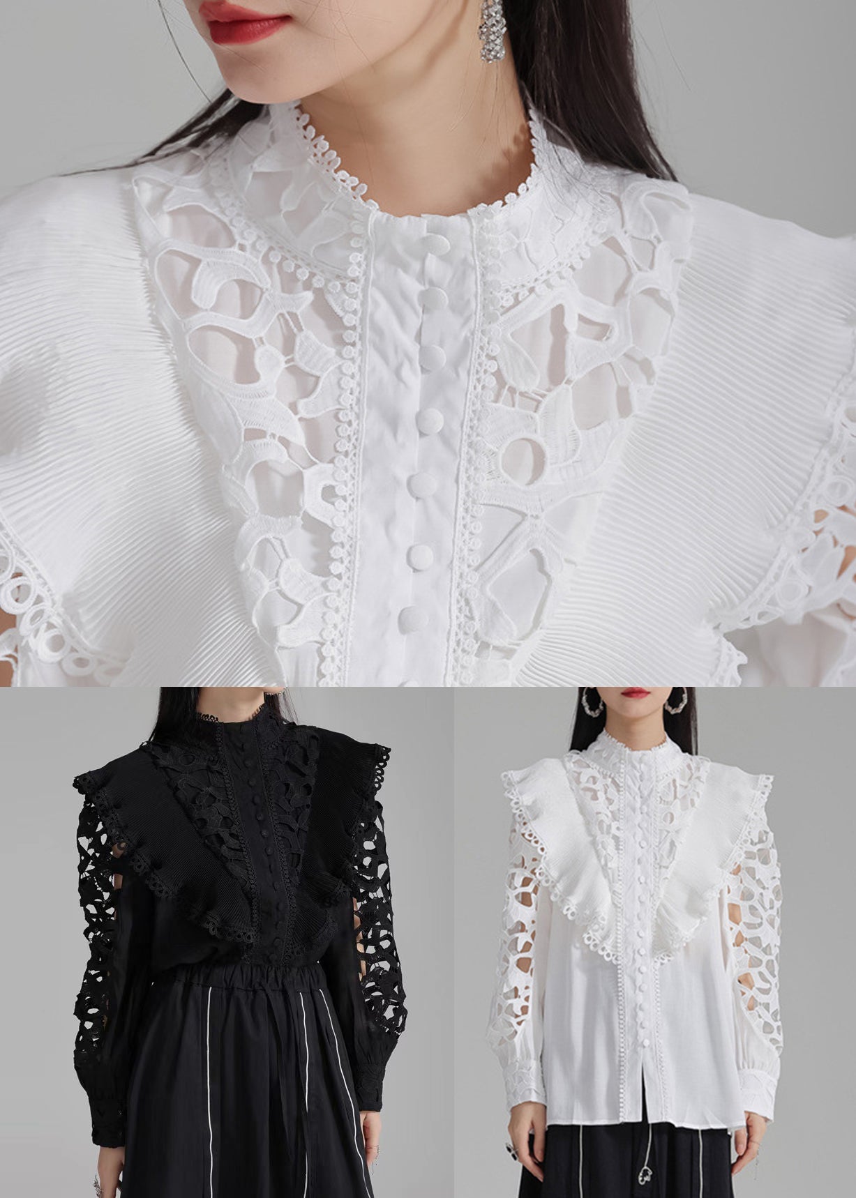 Button Shirts Stylish Cotton Out Spring White Hollow