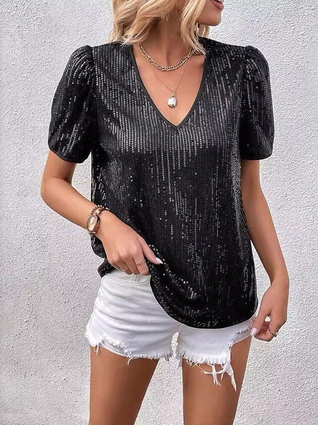 Women's Mesh Shirt Sequins Vintage Stylish Sexy Short
