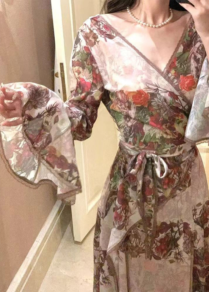 Französisches Baumwollkleid mit V-Ausschnitt, bedruckt, Taillenschnürung, ausgestellten Ärmeln TT1039