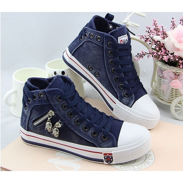 Women's Blue Denim High-Top Sneakers with Skull Charms and
