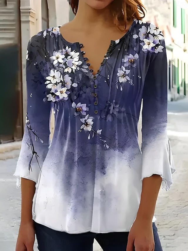 Women's T-Shirt V Neck Ombre Floral Graphic Elegant