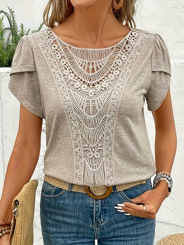 Women's Lace Splicing Top Eyelet Elegant Casual Short