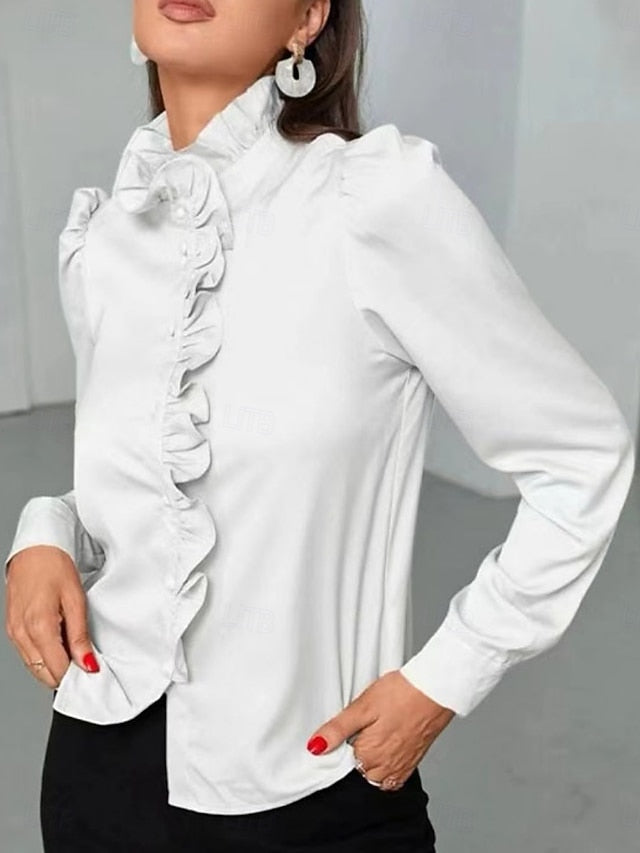 Women's Shirt Blouse Ruffle Buttons Solid Color Business