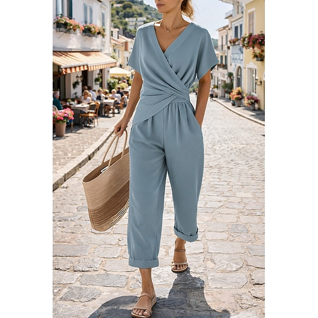 Women's Pants Sets Bolero Top Short Sleeve V Neck Plain