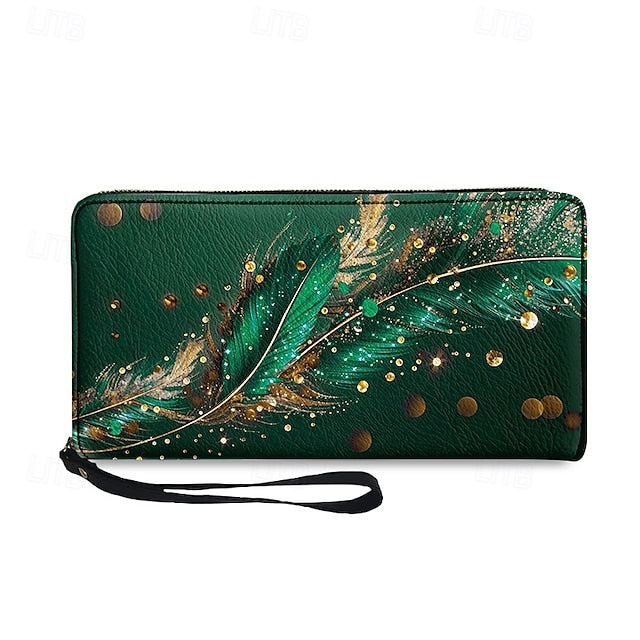 Women's with Gilded Large Capacity Wallet Feather Print