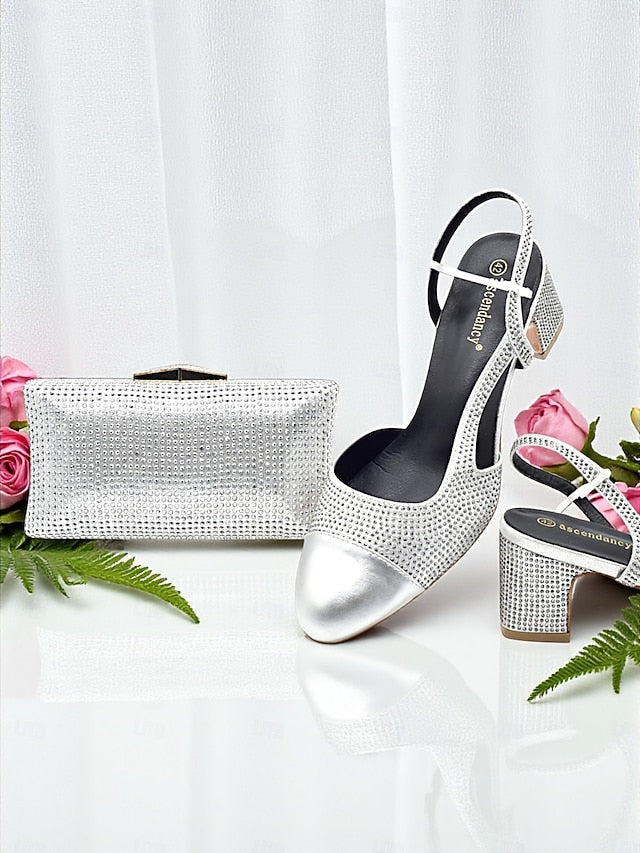 - Matching and Clutch Set Heel Sandals Block Women's Gold