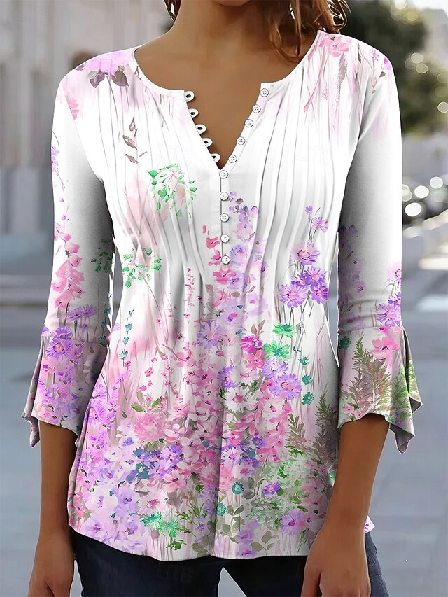 Women's T-Shirt Floral Graphic Elegant 3/4 Length Sleeve V